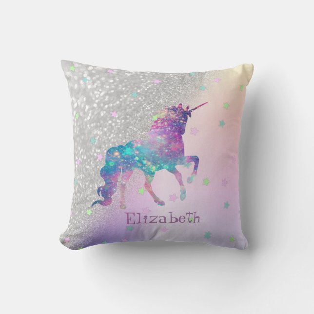 Rainbow Unicorn,Stars, Silver Glitter Bokeh Throw Pillow (Front)