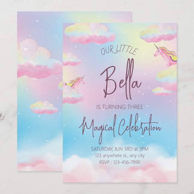Rainbow Unicorn Third Birthday Party Invitation (Front/Back)