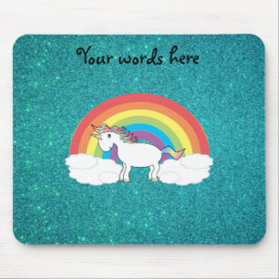 Rainbow unicorn turquoise glitter mouse pad