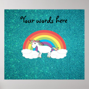 Rainbow unicorn turquoise glitter poster