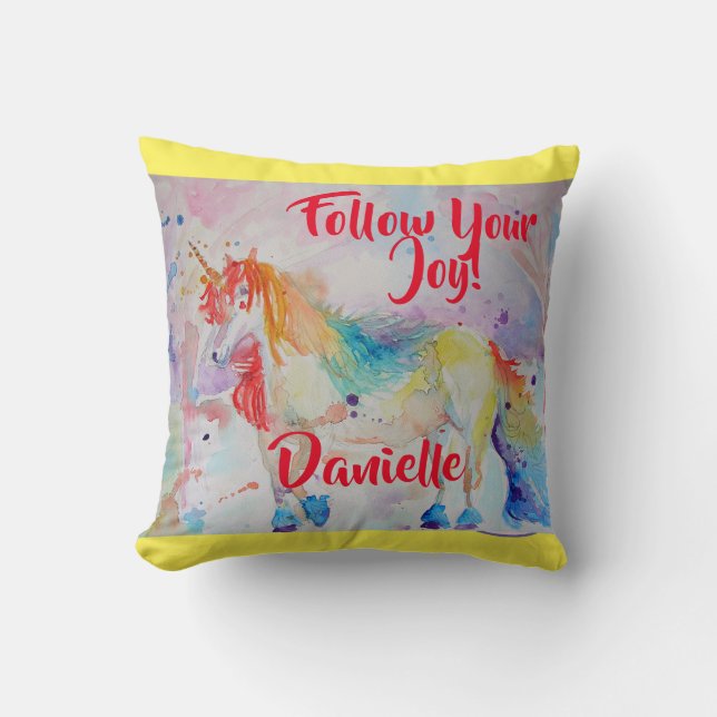 Rainbow Unicorn Watercolor Childs Name Cushion (Front)