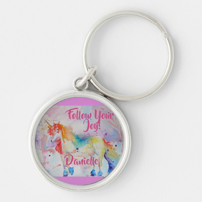 Rainbow Unicorn Watercolor Pink Key Ring (Front)