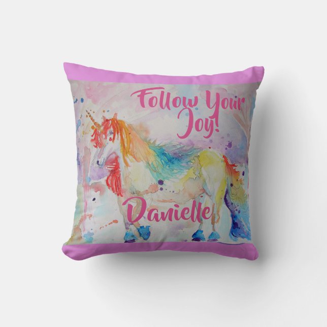 Rainbow Unicorn Watercolor Pink Name Cushion (Front)