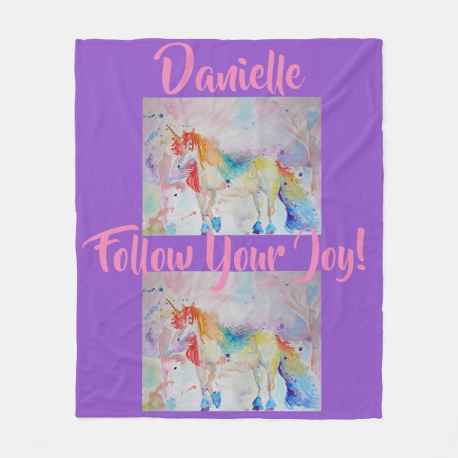 Rainbow Unicorn Watercolor Purple Fleece Blanket (Front)