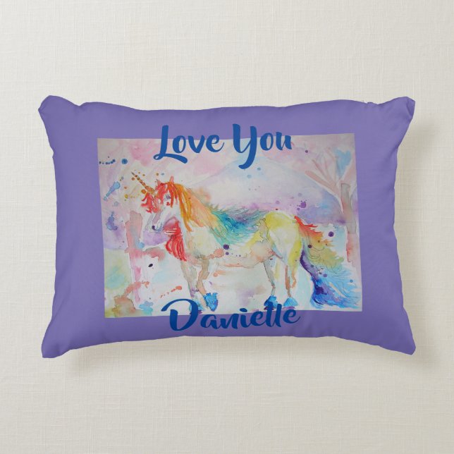 Rainbow Unicorn Watercolor Purple Love Cushion (Front)