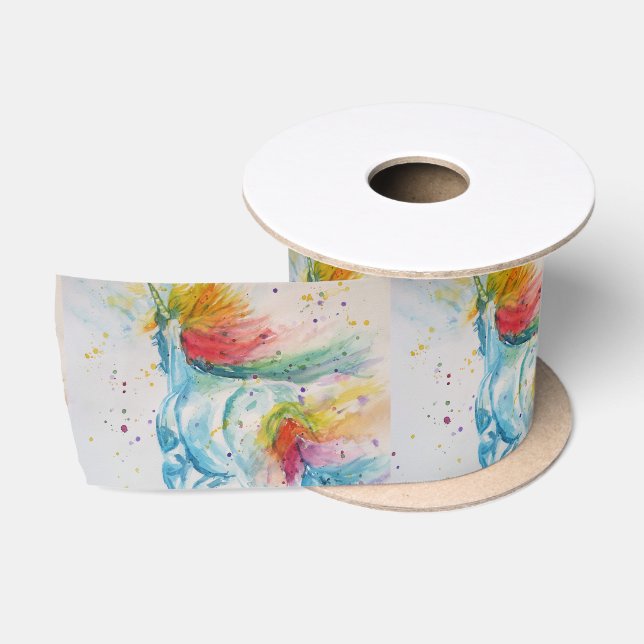 Rainbow Unicorn Watercolour Painting Satin Ribbon (Spool)