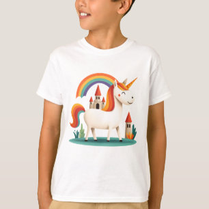 Rainbow Unicorn with Castle – Cute Kids Fantasy T-Shirt