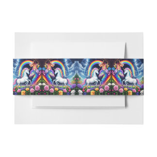 Rainbow Unicorn with Flowers Invitation Belly Band