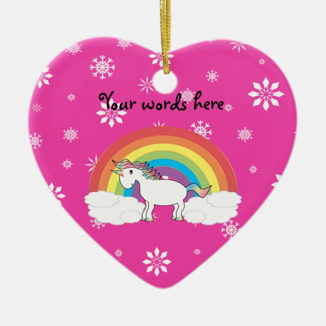 Rainbow unicorn with pink snowflakes ceramic ornament (Front)