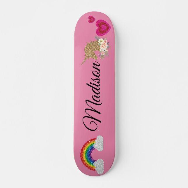Rainbow unicorn with shimmer heart. skateboard (Front)