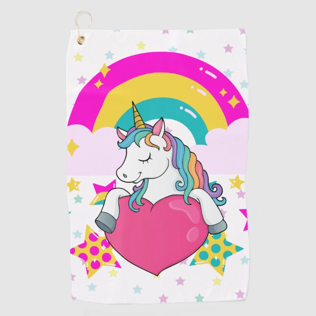 Rainbow Unicorn with Stars  Golf Towel (Front)