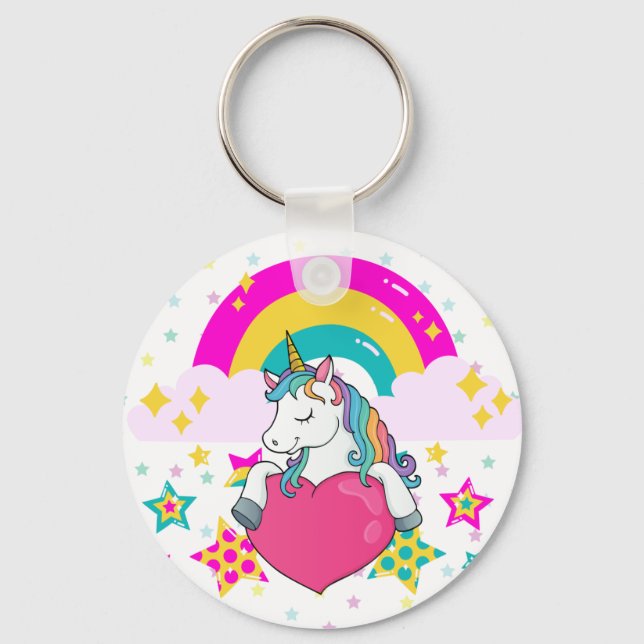 Rainbow Unicorn with Stars  Keychain (Front)