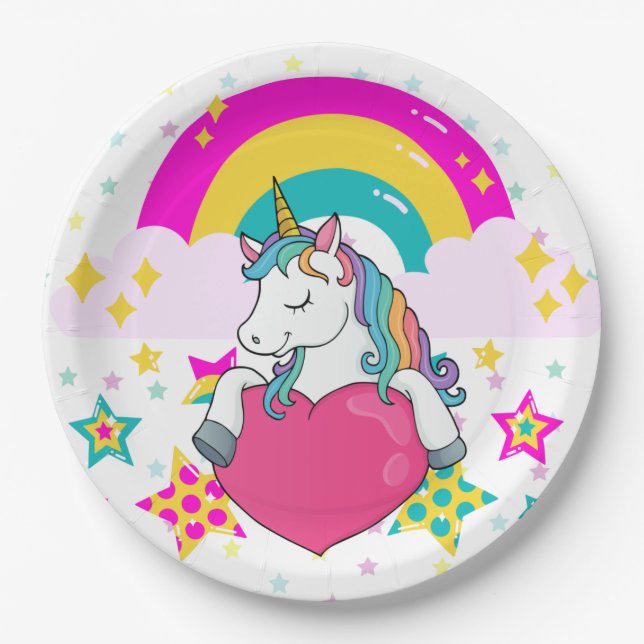 Rainbow Unicorn with Stars Paper Plate (Front)
