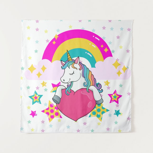 Rainbow Unicorn with Stars   Tapestry (Front)