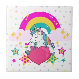 Rainbow Unicorn with Stars    Tile