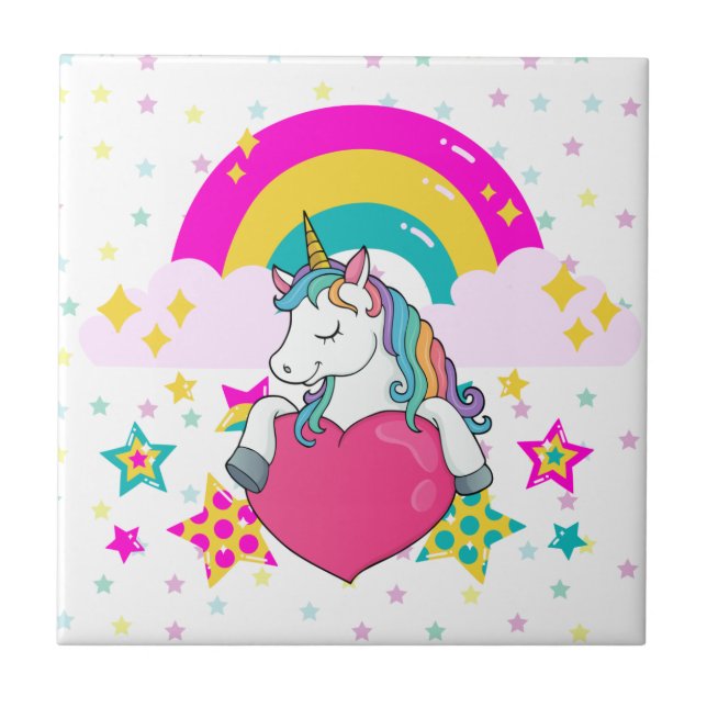 Rainbow Unicorn with Stars    Tile (Front)