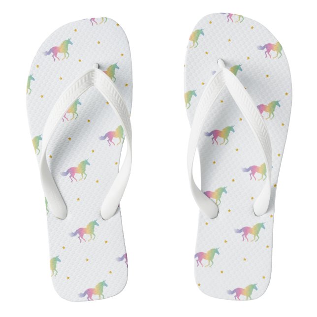 Rainbow Unicorns & Gold Stars Pattern Flip Flops (Footbed)