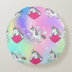 Rainbow Unicorns Hearts Print Round Coussin