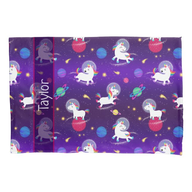 Rainbow Unicorns In Space Purple Ombre Pillowcase (Front)