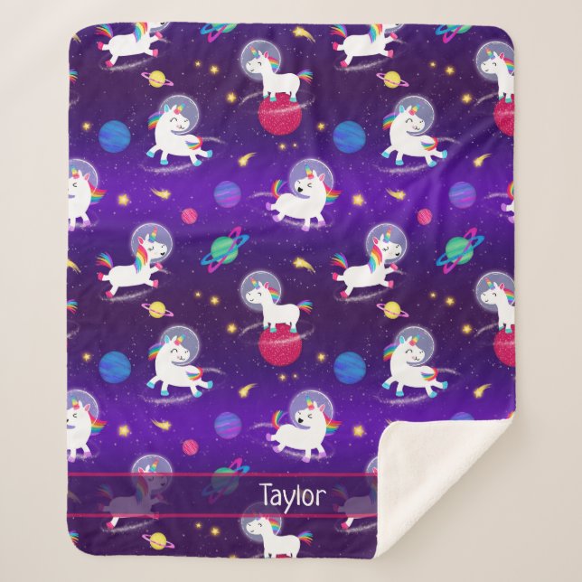 Rainbow Unicorns In Space Purple Ombre Sherpa Blanket (Front)