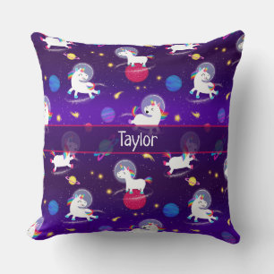 Rainbow Unicorns In Space Purple Ombre Throw Pillow
