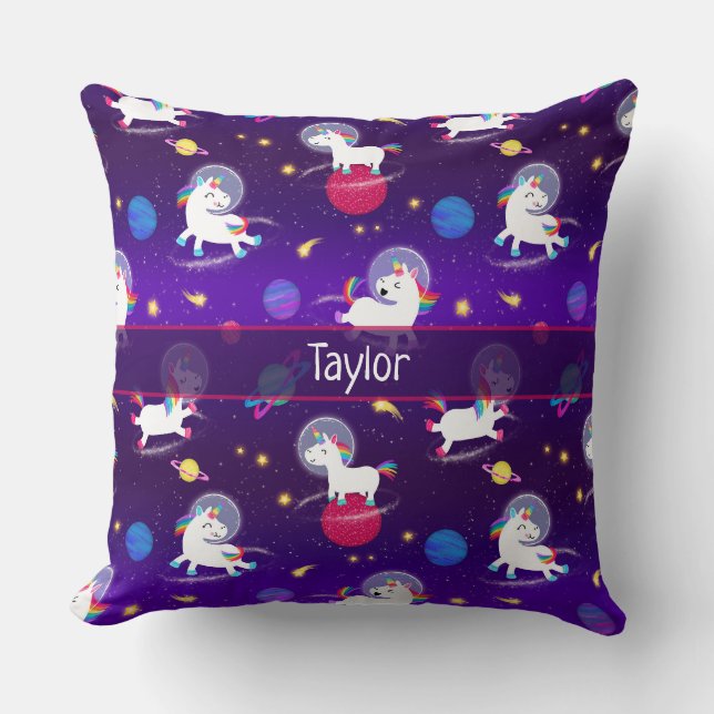 Rainbow Unicorns In Space Purple Ombre Throw Pillow (Front)