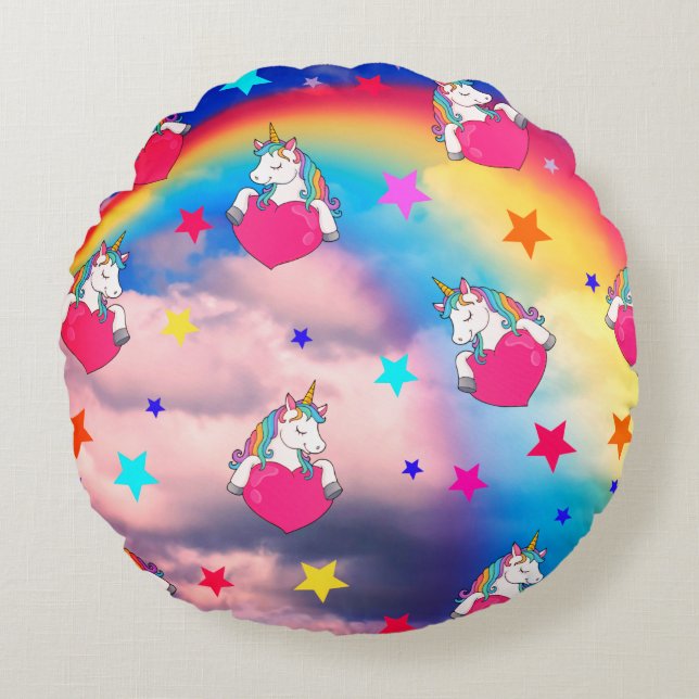 Rainbow Unicorns In The Clouds Round Pillow (Front)