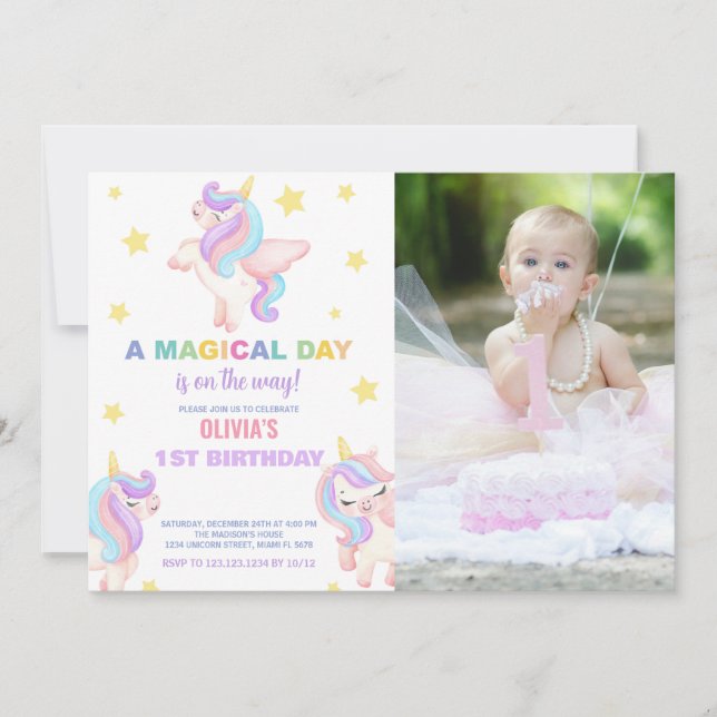 Rainbow Unicorns Invitations d'anniversaire avec p (Devant)