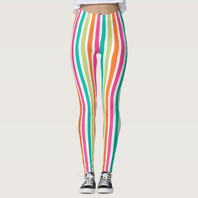Rainbow vertical stripes colourful retro multicolo leggings (Front)