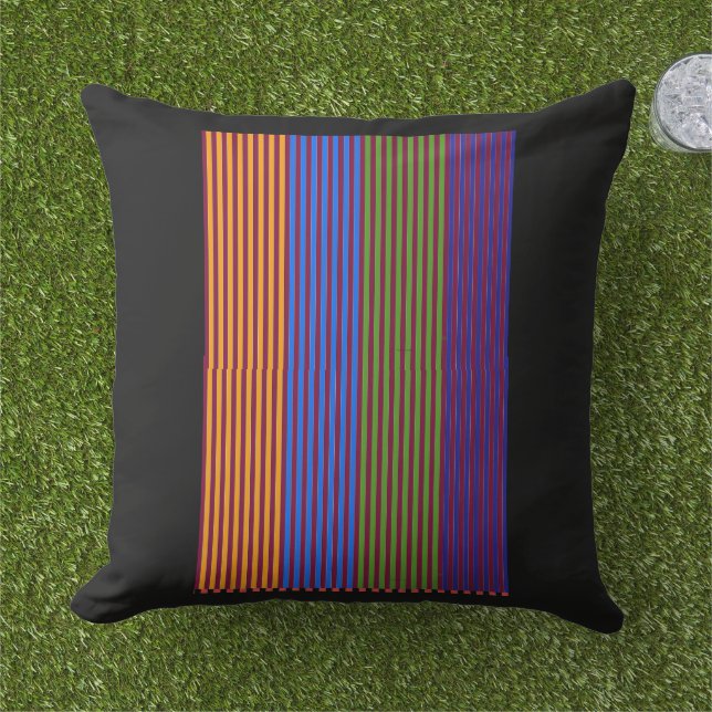 Rainbow Vertical Strips + Trim Decorative Black Outdoor Pillow (Grass)