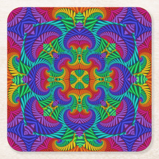 Rainbow Vintage Psychedelic Fractal Kaleidoscope Square Paper Coaster