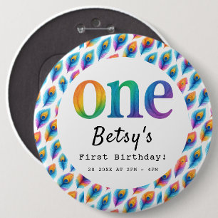 Rainbow Watercolor 1st Birthday   Colorful Baby  6 Inch Round Button