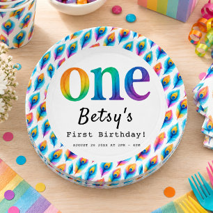 Rainbow Watercolor 1st Birthday Colourful Baby Paper Plate