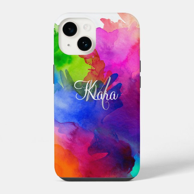 Rainbow Watercolor Abstract Name Monogram iPhone Case (Back)