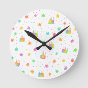 Rainbow Watercolor Birthday Cake Colorful Paint Round Clock