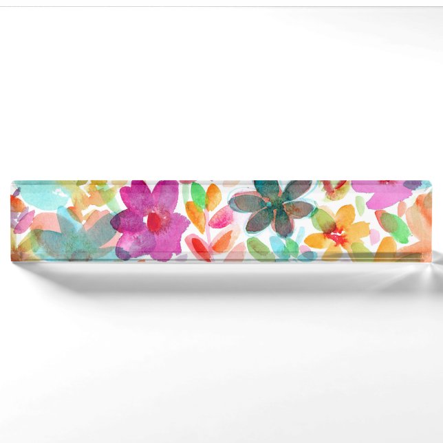 Rainbow Watercolor Bloom Clear Acrylic Nameplate (Front)