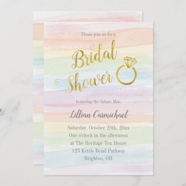 Rainbow Watercolor Bridal Shower with Gold Invitation (Front/Back)