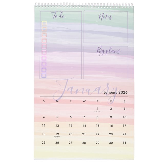 Rainbow Watercolor Brush Strokes Monthly Planner Calendar (Jan 2026)
