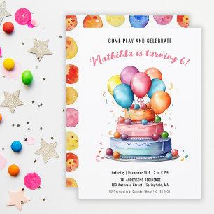 Rainbow Watercolor Cake & Balloons Girls Birthday Invitation