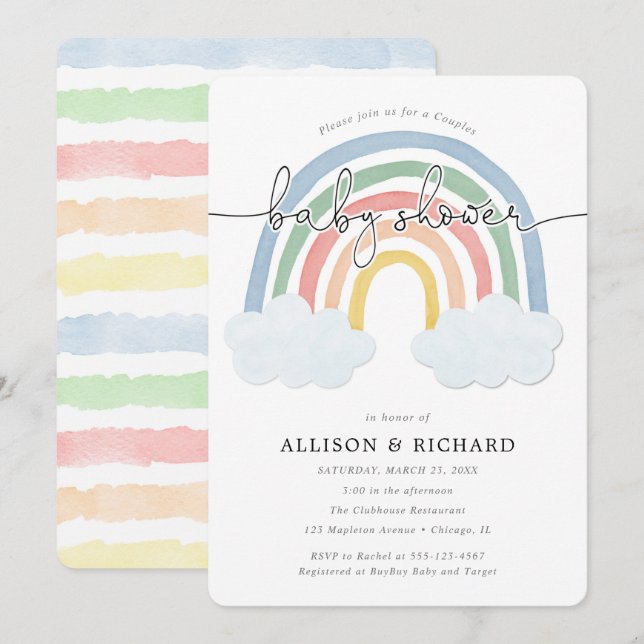 Rainbow watercolor Couples co-ed baby shower Invitation (Front/Back)