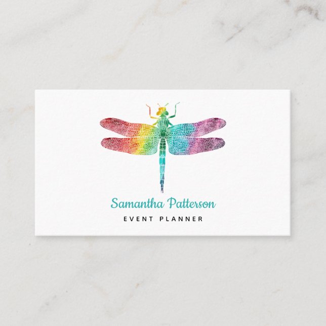 Rainbow Watercolor Dragonfly Modern Feminine Business Card (Front)