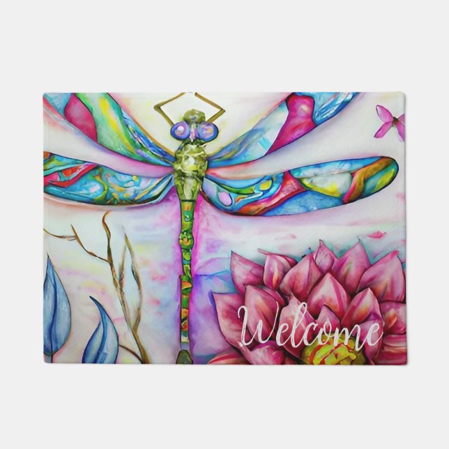 Rainbow Watercolor Dragonfly, Personalize   Doormat (Front)