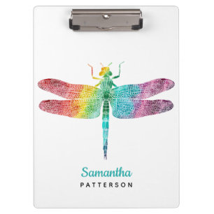Rainbow Watercolor Dragonfly Personalized Feminine Clipboard