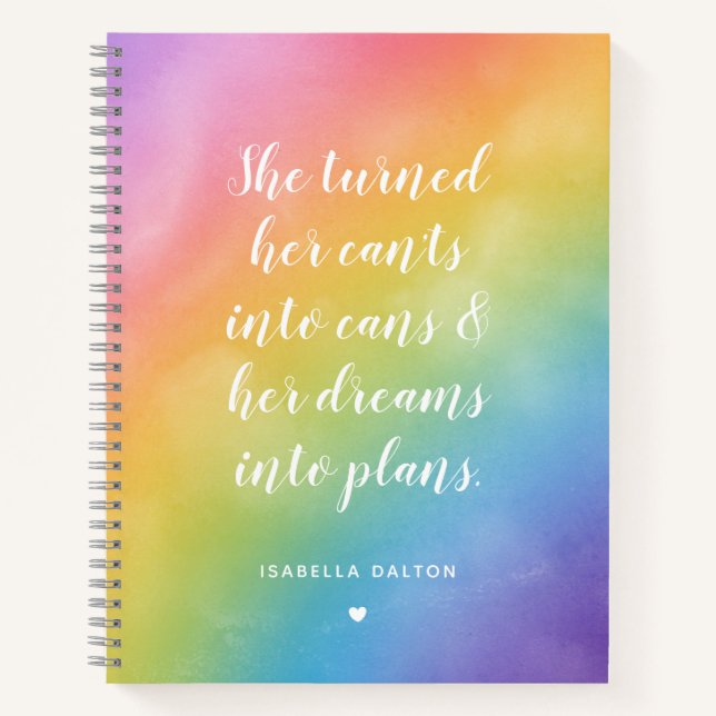 Rainbow Watercolor Dreams Into Plans Quote Notebook (Front)