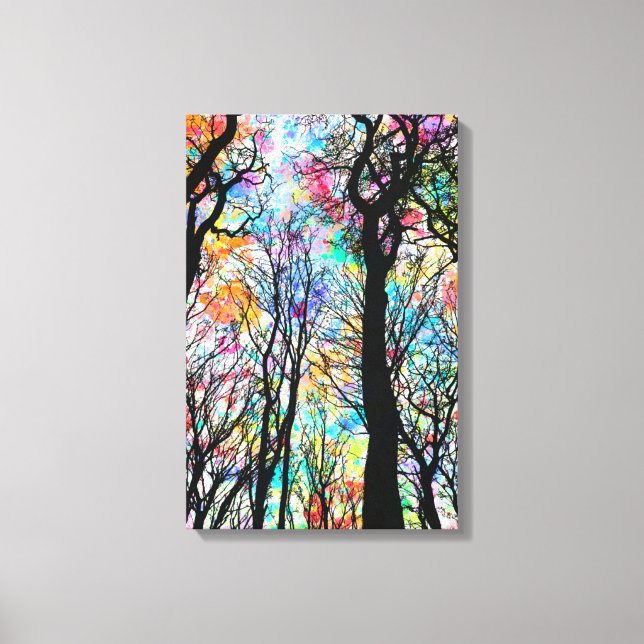 Rainbow watercolor drop sky with black trees canvas print (Front)