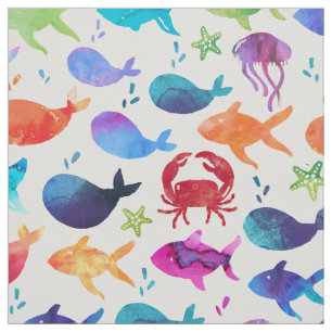 Rainbow Watercolor Fish Under the Sea Ocean Fabric