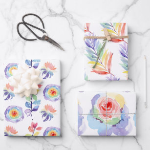 Rainbow Watercolor Floral Wrapping Paper Sheets 
