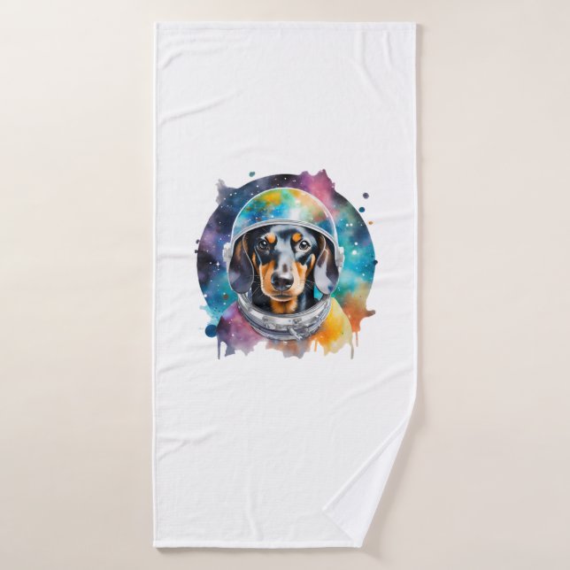 Rainbow Watercolor Galaxy Astronaut Dachshund   Bath Towel (Bath Towel)