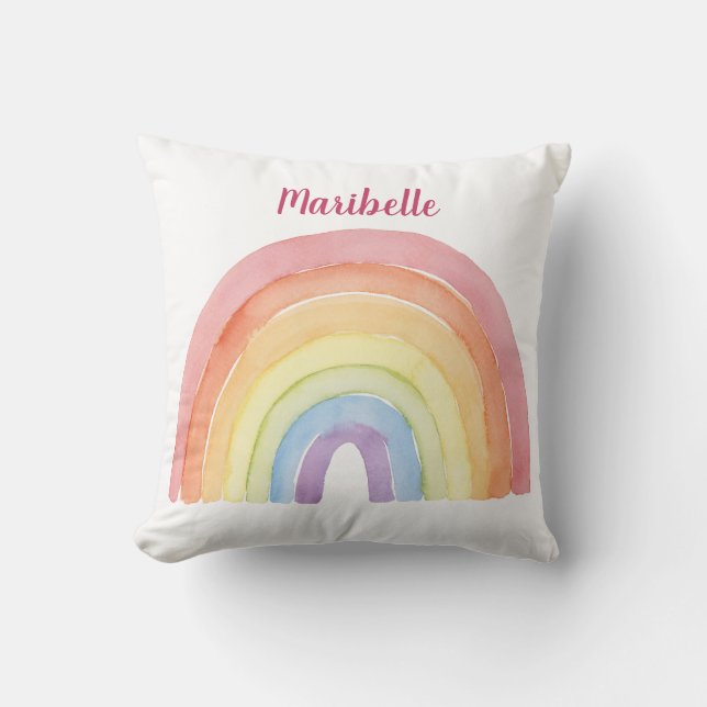 Rainbow Watercolor Girls Personalized Throw Pillow (Front)