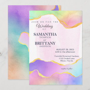 Rainbow Watercolor Gold LGBT Wedding Invitation